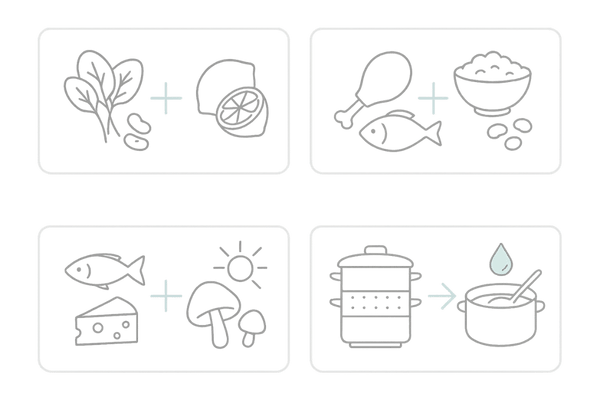 吸収を高める食べ合わせと調理の工夫|鉄×ビタミンC、タンパク質×B6、カルシウム×ビタミンD、調理法の工夫