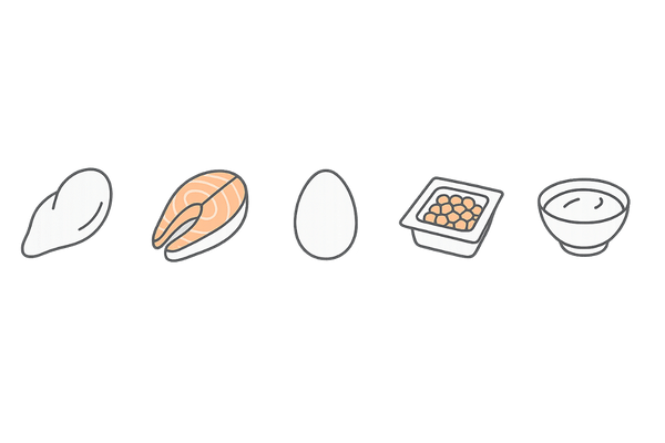 女性の薄毛予防に役立つ良質なたんぱく質食材のアイコン（鶏むね・鮭・卵・納豆・ヨーグルト）