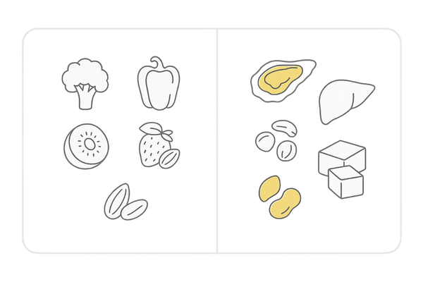 髪に良いビタミンとミネラルの食材比較イラスト（野菜果物×牡蠣・レバー・ナッツ）