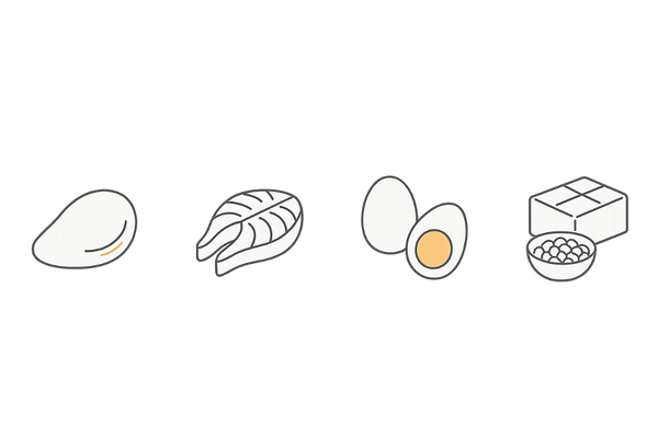 女性の抜け毛対策に役立つタンパク質食品（鶏・魚・卵・大豆）の線画アイコン
