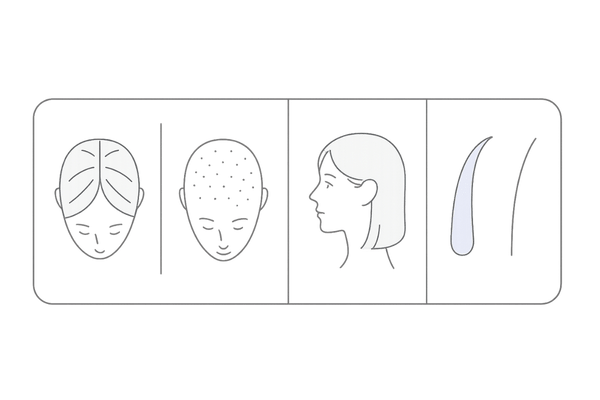 FAGA(女性男性型脱毛症)の症状パターン図解|分け目拡大・びまん性・トップのボリューム低下・毛髪の細化