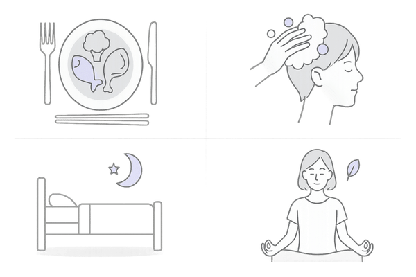 女性の薄毛セルフケア4ステップ|栄養・シャンプー・睡眠・ストレス対策の流れ