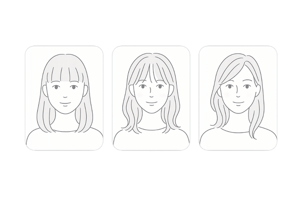 前髪で生え際の薄毛をカバー|厚めバング・シースルーバング・斜めバングの比較イラスト