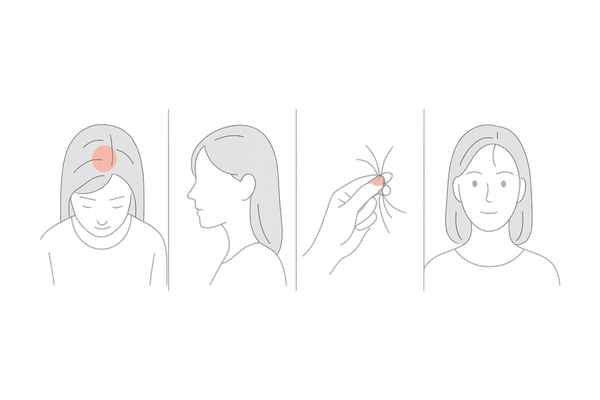 女性の薄毛の初期サイン（分け目拡大・ボリューム低下・細毛・密度低下）イラスト