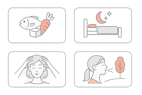 髪を育てる生活習慣（栄養・睡眠・頭皮マッサージ・ストレス対策）イラスト