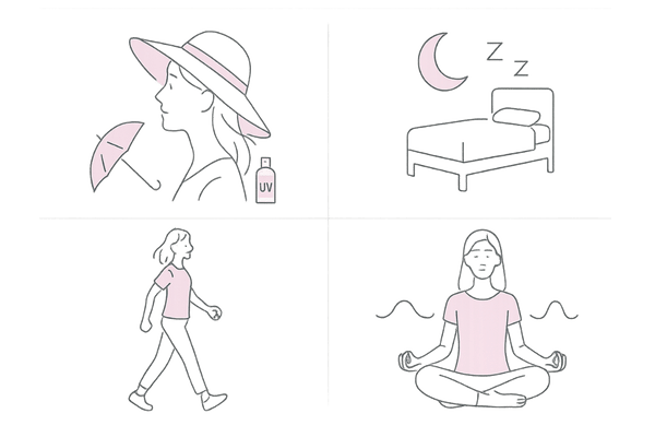 髪のパサつきを防ぐ生活習慣イラスト:紫外線対策・良質な睡眠・適度な運動・ストレスケア