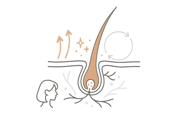 ミノキシジルの作用機序図|女性薄毛(FAGA)への血行・毛母細胞・ヘアサイクルの働き