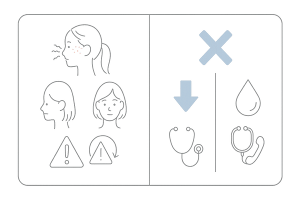 女性のミノキシジル副作用と対処のイメージ(頭皮トラブル・初期脱毛・多毛・循環器症状)