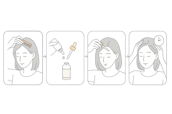 ミノキシジル外用薬の正しい塗布手順(4ステップ図・女性向け)