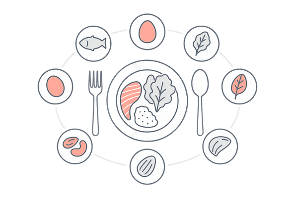 産後の抜け毛対策の食事｜タンパク質・鉄・亜鉛・ビタミンの栄養バランス図