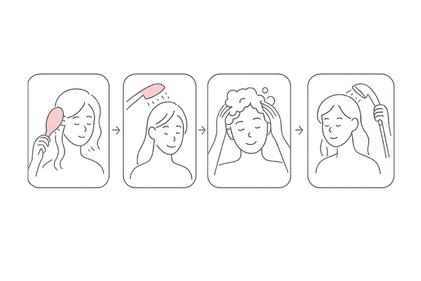 女性向けシャンプーの正しい洗い方4ステップ図（ブラッシング・予洗い・洗浄・すすぎ）
