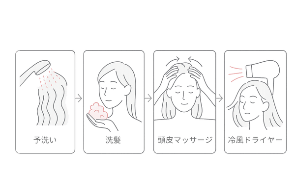 自宅でできる髪を太くするヘアケアルーティン4ステップ（予洗い→洗髪→頭皮マッサージ→冷風ドライ）