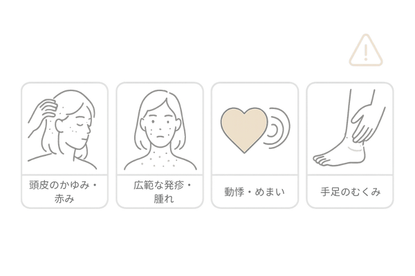 ミノキシジル外用の副作用サイン|受診の目安を示すアイコン4連(かゆみ・発疹/動悸・めまい/むくみ)