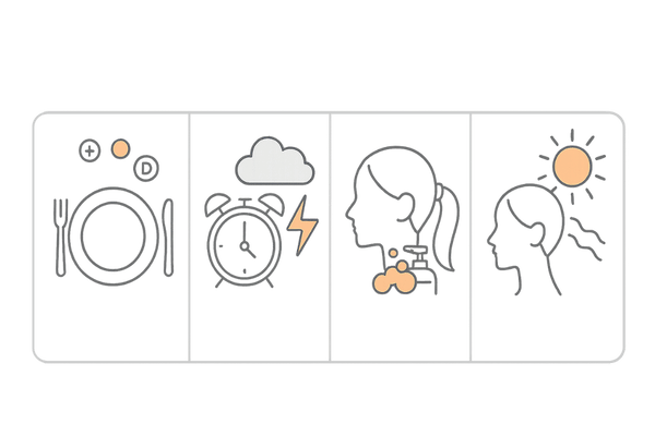 つむじハゲを悪化させる生活習慣と環境要因|4つの要因アイコン図