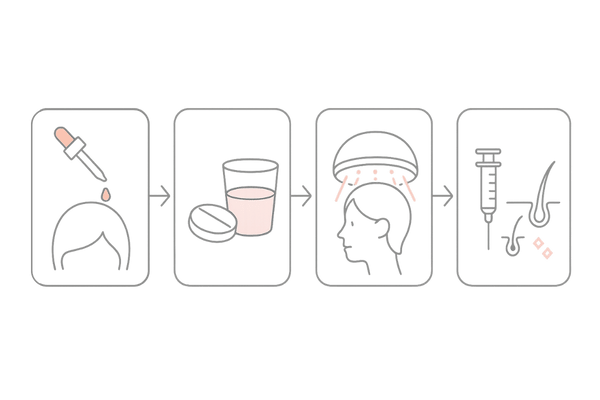 女性のつむじ薄毛の治療選択肢フロー|外用薬から注入・植毛までの流れ