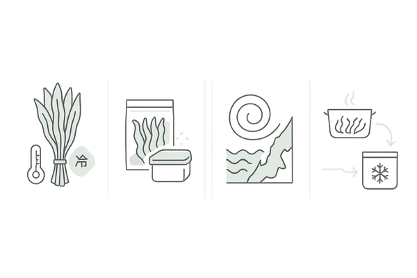 わかめの選び方・保存方法イラスト|生・乾燥・産地・保存テクの4カード