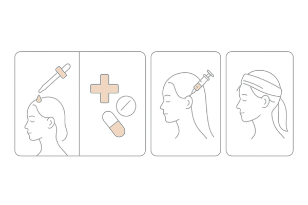 女性の生え際薄毛の治療オプション図解(ミノキシジル外用・内服治療・メソセラピー/PRP・低出力レーザー)