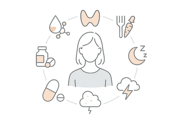 女性の薄毛の主な原因|ホルモン・甲状腺・栄養・睡眠・ストレス・薬剤のイメージ図