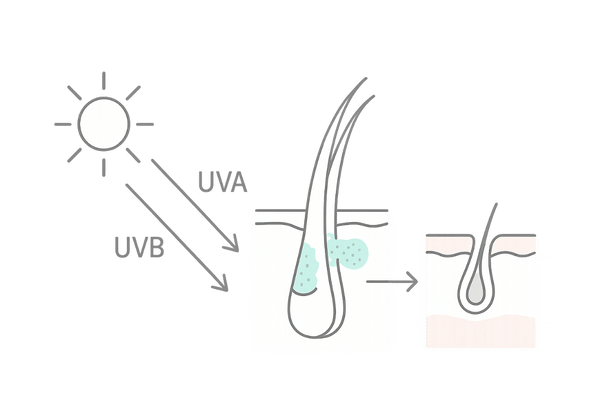 紫外線が髪と頭皮に与える影響図(UVA/UVBとキューティクル・毛根)