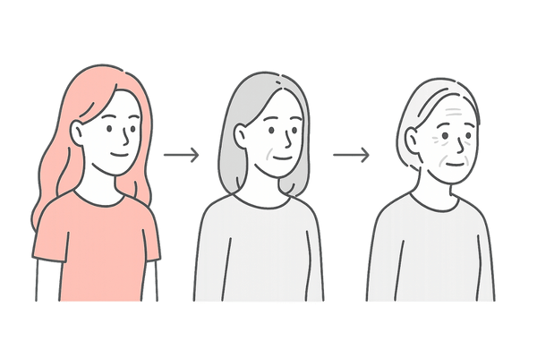 若年から高齢へと髪のボリュームが変化する女性のタイムライン線画イラスト