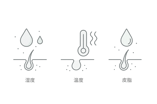 自然乾燥による頭皮トラブルの要因図(湿度・温度・皮脂)|女性の薄毛予防