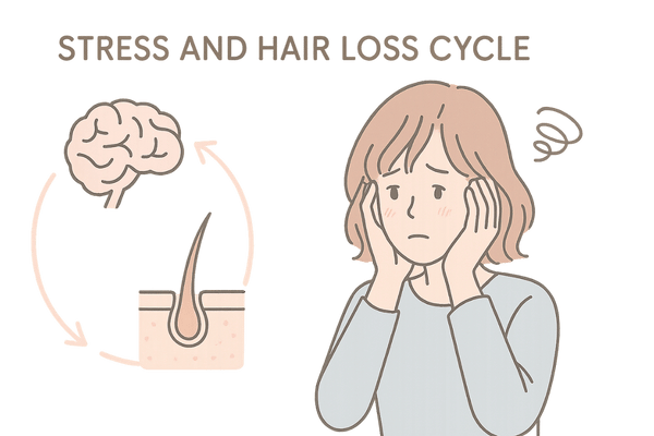 ストレスと抜け毛が循環する様子を示すイラスト