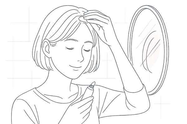 女性が頭皮にステロイド外用薬を正しく塗る線画イラスト