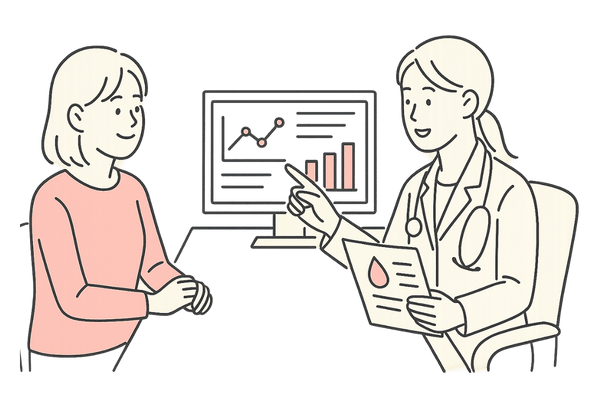 医師と患者が副作用検査結果を確認するイラスト