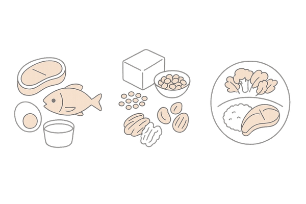 アミノ酸を多く含む食品のバランス例｜動物性・植物性・一汁三菜イメージ