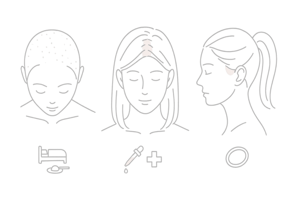 女性の薄毛タイプ別パターン比較（びまん性・FAGA・牽引性）と主な対策方向のイメージ