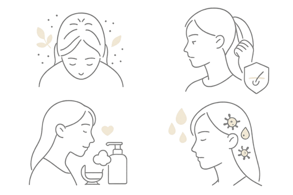 女性の薄毛タイプ別ケアの方向性（びまん性・牽引性・産後・脂漏性）図解