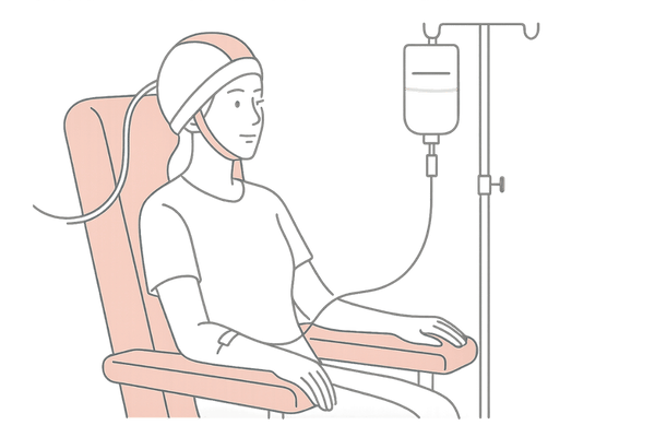 頭皮冷却キャップで抗がん剤脱毛を抑制する治療中の女性イラスト