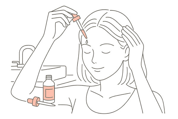 女性がミノキシジル外用薬を頭皮に塗布して発毛を促すイラスト