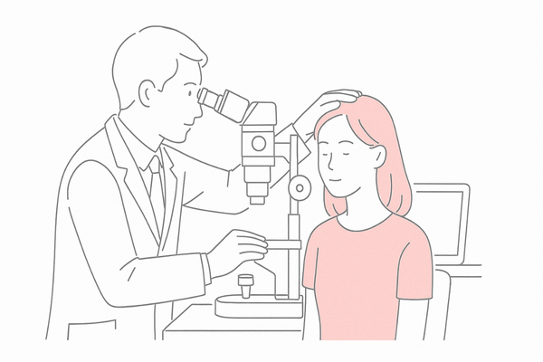 マイクロスコープで頭皮状態をチェックする定期診察のイラスト