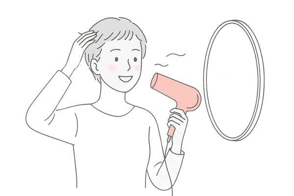 再発毛した髪を低温ドライヤーでケアする女性のイラスト