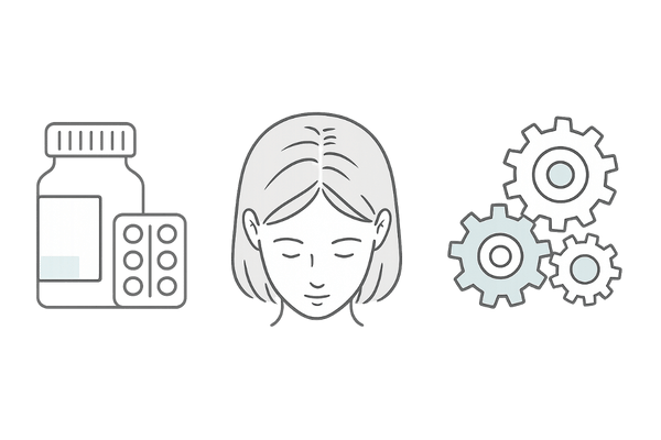 コレステロール薬と女性の抜け毛の関係を直感的に示す概念図（薬・頭頂部・多要因）