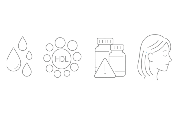 フィブラート系薬の仕組みとまれな脱毛リスク（中性脂肪・HDL・併用注意の抽象図）