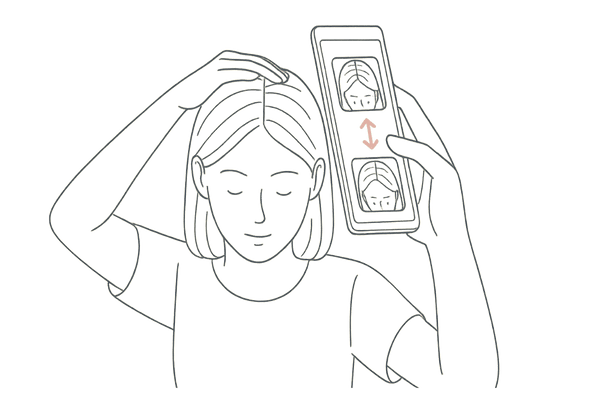 スマホで頭皮を定期撮影する女性のイラスト