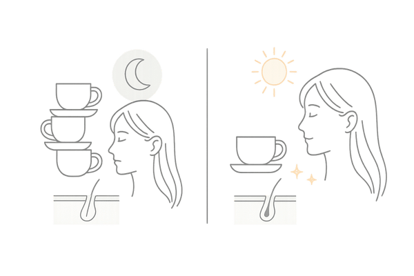 女性の薄毛とコーヒーの関係—適量と過剰の違いを示す2カラム比較イラスト