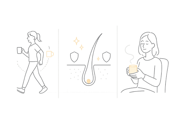 適量のコーヒーが髪に与える好影響—血行・抗酸化・ストレス軽減の3カラム図