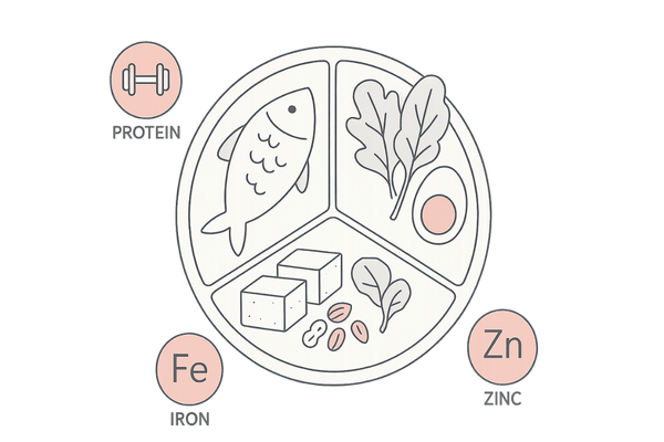 髪に必要な栄養素を含むバランス食プレートのイラスト