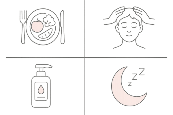 食事・頭皮マッサージ・正しい洗髪・良質な睡眠の4つのケアポイントアイコン