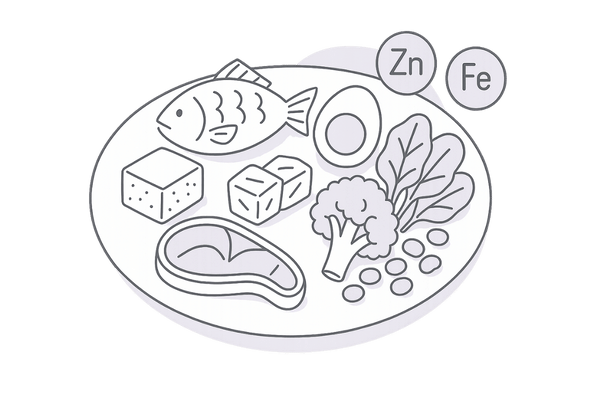 タンパク質亜鉛鉄分を含むバランス食プレートのイラスト