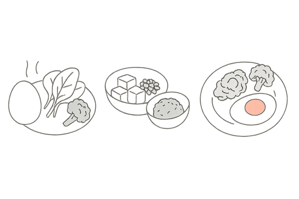 卵×ビタミンC・鉄分・大豆イソフラボンの食べ合わせで薄毛予防を強化するイメージ