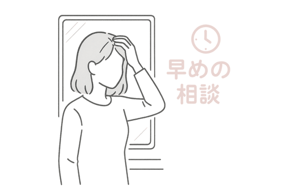 鏡で分け目を確認し受診を考える女性のイラスト