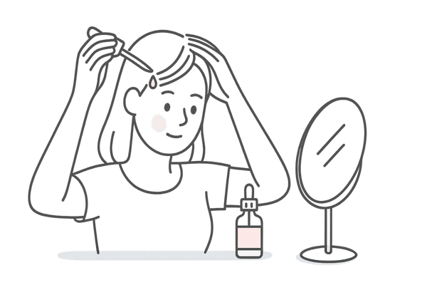 女性がドロッパーでミノキシジルを頭皮に塗布している線画イラスト