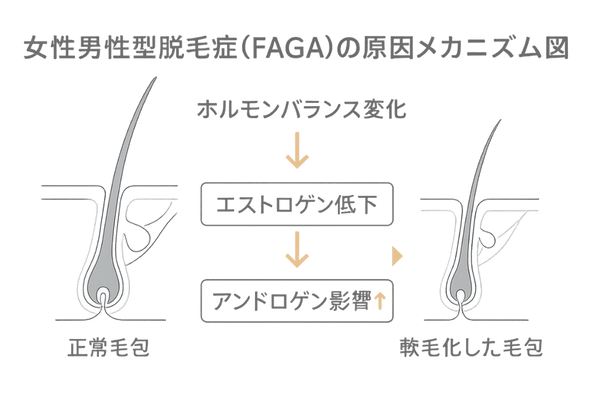 女性男性型脱毛症(FAGA)の原因メカニズム図