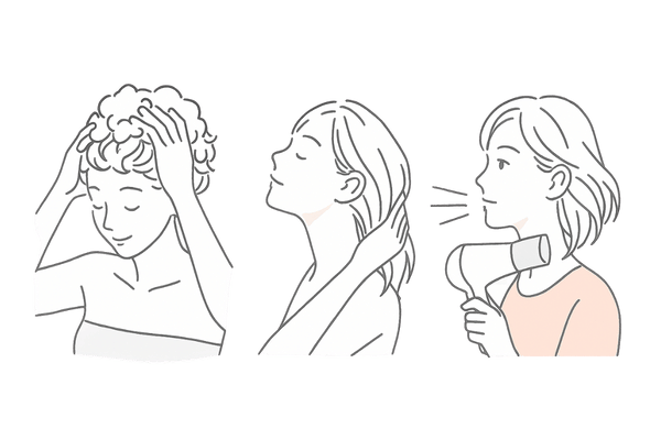 正しいシャンプーとドライの手順｜予洗い・泡洗い・すすぎ・ドライヤーの4ステップ図解