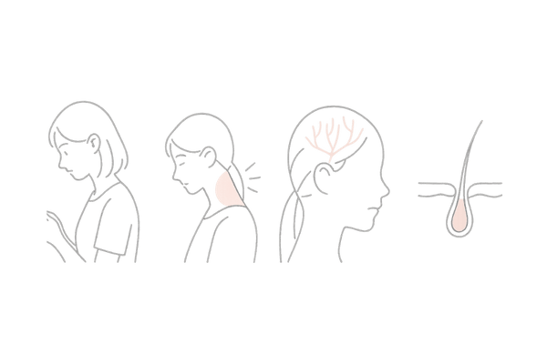 スマホ疲れと薄毛の関係(うつむき姿勢→首肩の緊張→頭皮血行不良→細毛化)メカニズム図