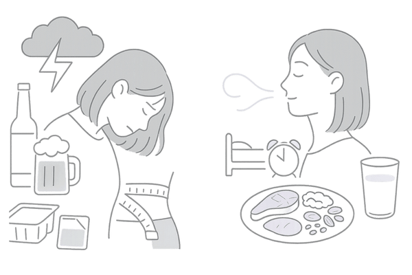 亜鉛不足を招く生活習慣と改善習慣の比較イラスト（ストレス・加工食品・飲酒と対策）